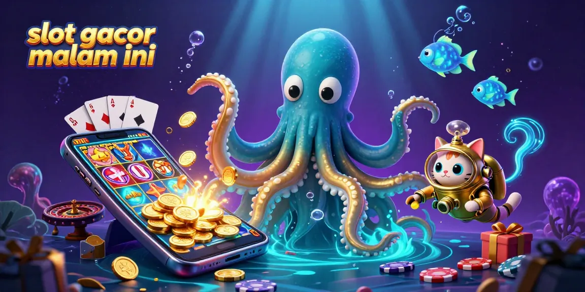 Spin the reels of slot gacor malam ini with a kraken, diving cat, and bioluminescent fish in a treasure-filled scene.