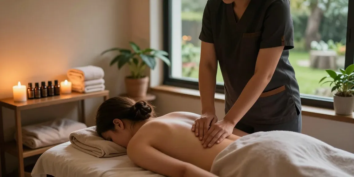 스웨디시 마사지를 받는 모습과 아늑한 마사지 스튜디오 환경을 보여줍니다.