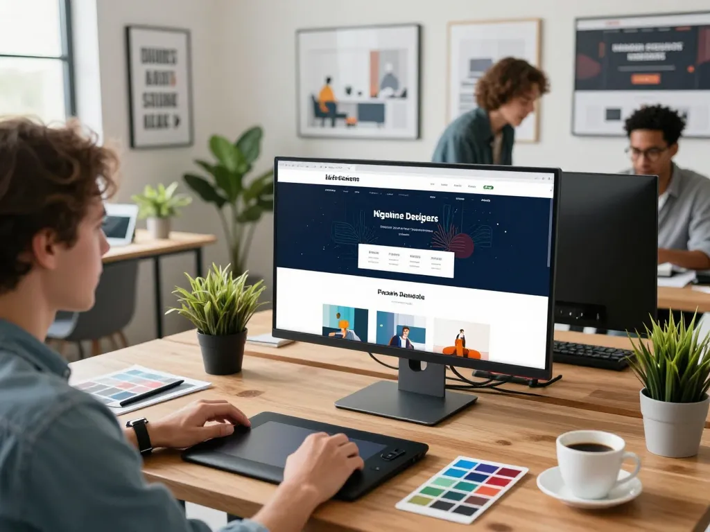 Freelance website designer near me creating innovative web designs in a modern studio.