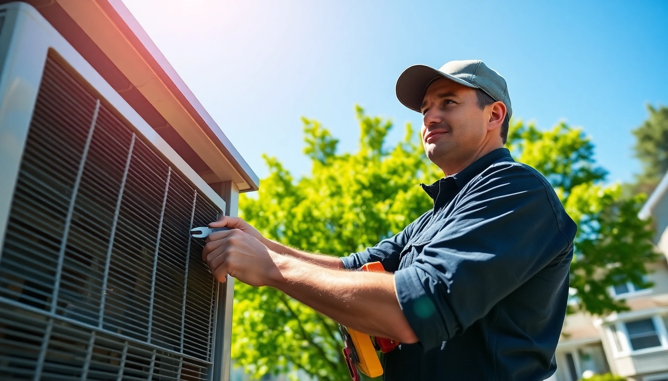 Providing HVAC repair mt kisco service with a technician fixing an AC unit in a sunny environment.