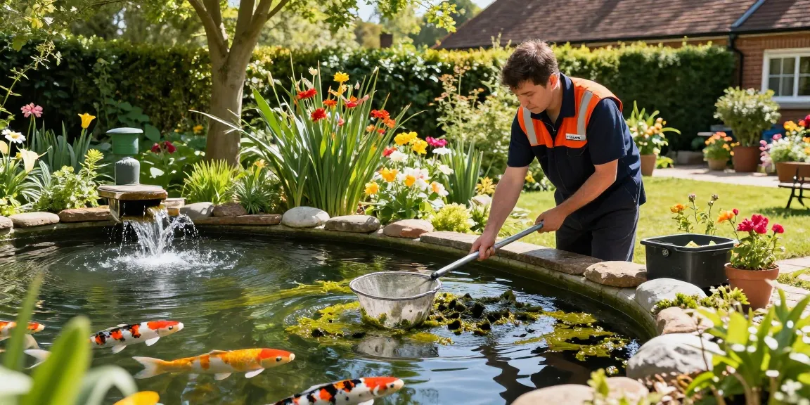 Pond Cleaning Sussex service in action, technician clearing algae and debris from a vibrant koi pond surrounded by lush greenery.