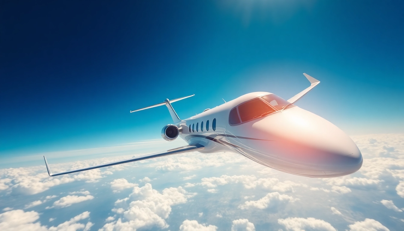View a private jet in flight, representing luxury travel at https://flymarquis.com, with a sunny sky backdrop.