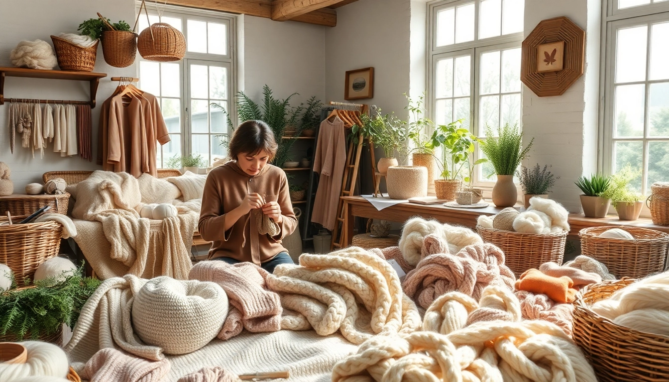 Craft artisans knitting sustainability-inspired garments at https://www.ound-ound.com with natural fibers.