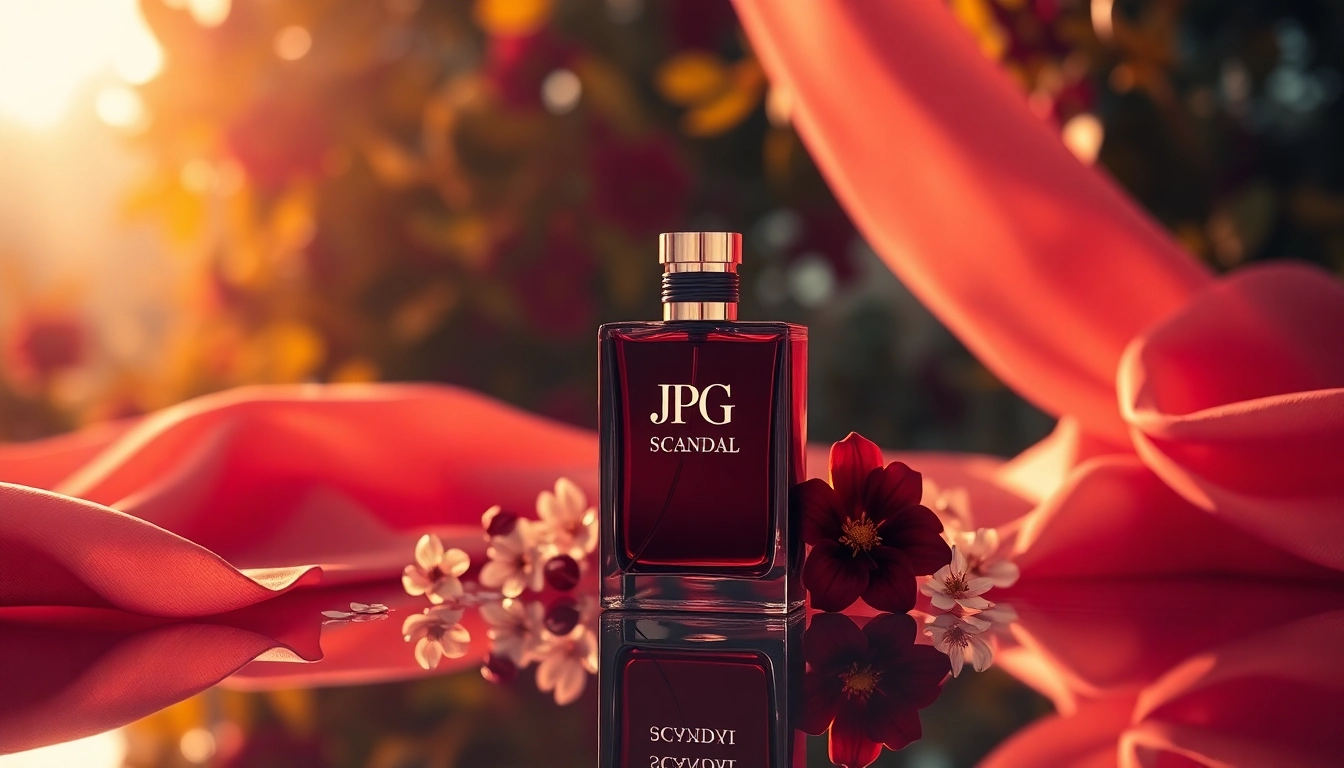 Showcasing the luxurious Jpg Scandal fragrance in a sophisticated setting with soft fabrics and floral accents.