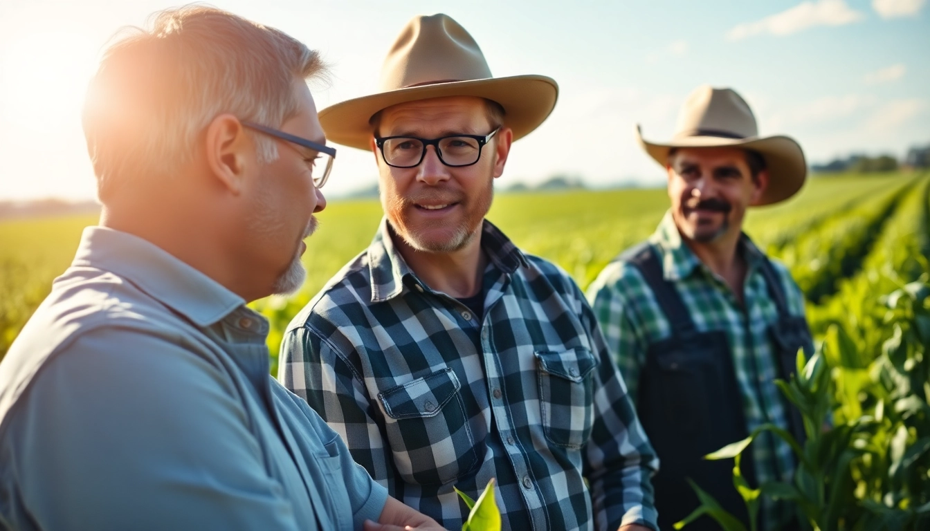 Consultation with agriculture lawyer in a lush agricultural setting, emphasizing legal guidance.