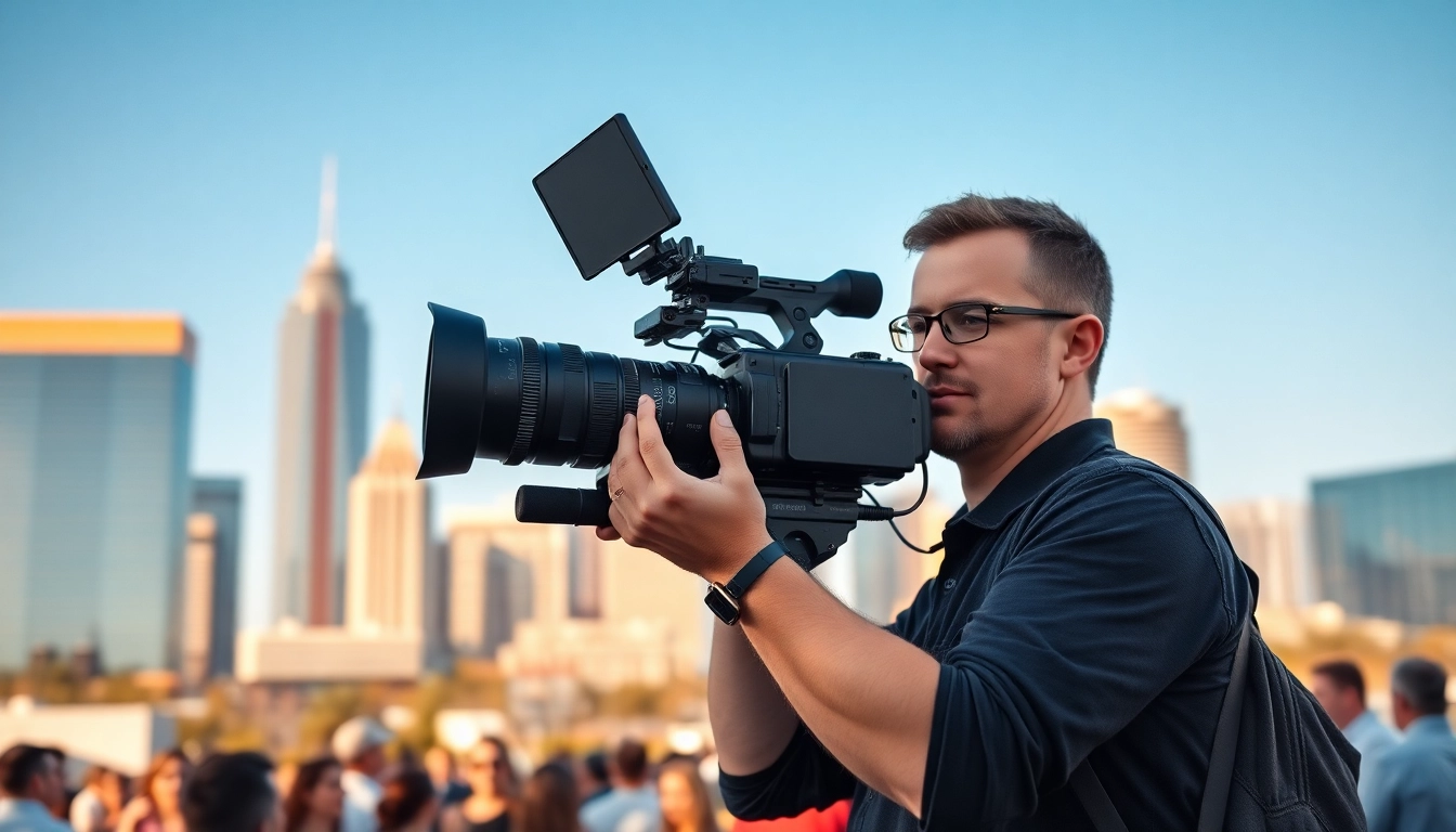 Engaging moment of a Phoenix videographer filming a corporate event in vibrant city settings.