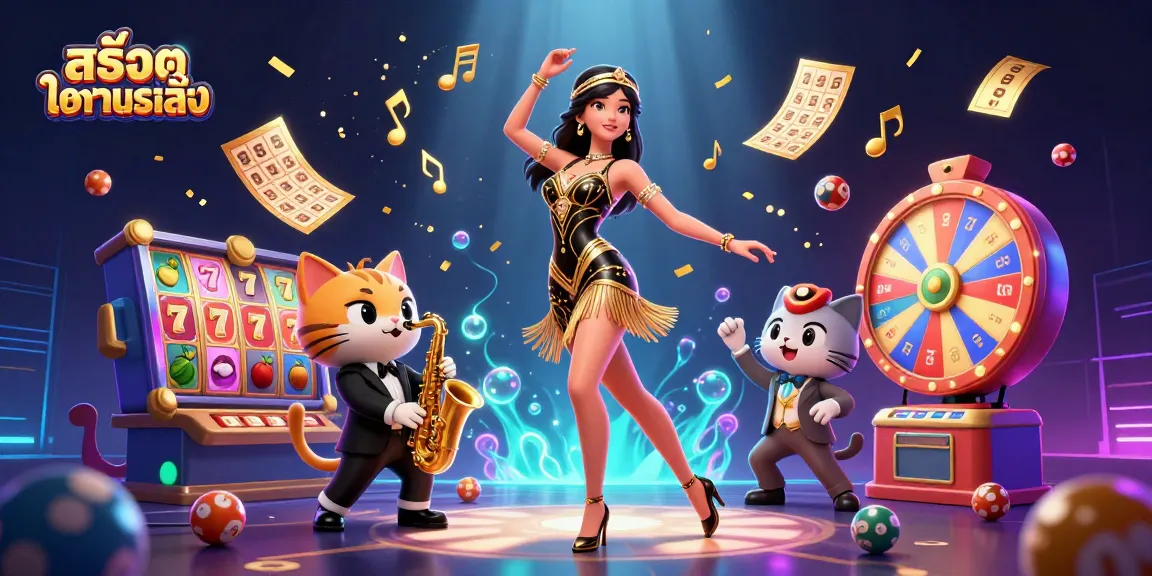 Experience สล็อตทดลองเล่น with vibrant slot reels, a dancing woman, and lively cat in a festive scene.