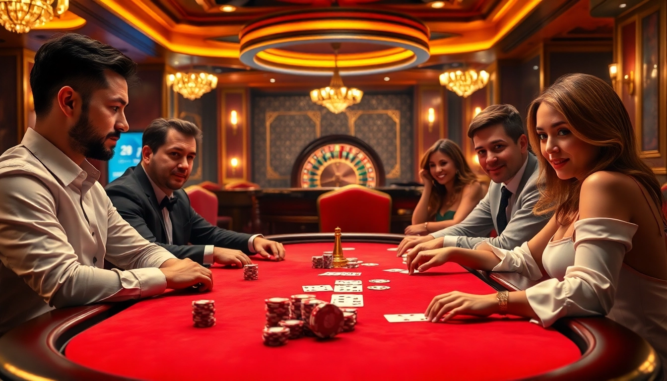 Experience thrilling poker action at New66 with vibrant chips and focused players in an elegant casino.