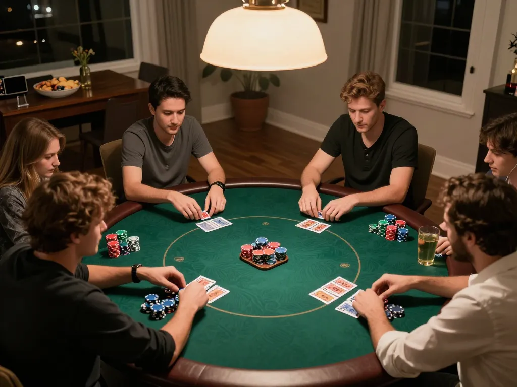 Experience thrilling poker gameplay at home with manclub friends during a competitive night.
