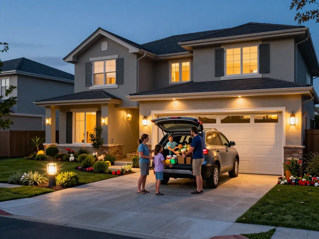 Outdoor garage lights illuminating a stylish home entrance while a family unloads groceries.