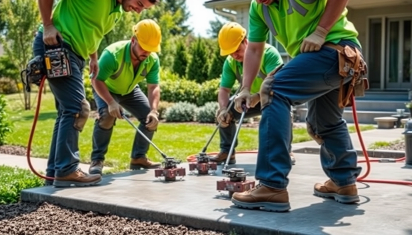 Technicians performing mudjacking in Roseburg to lift a sunken concrete slab.