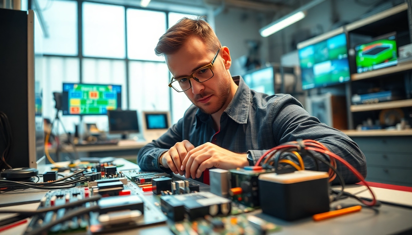Technician assembling custom electronics on a workbench, exemplifying precision and craftsmanship.