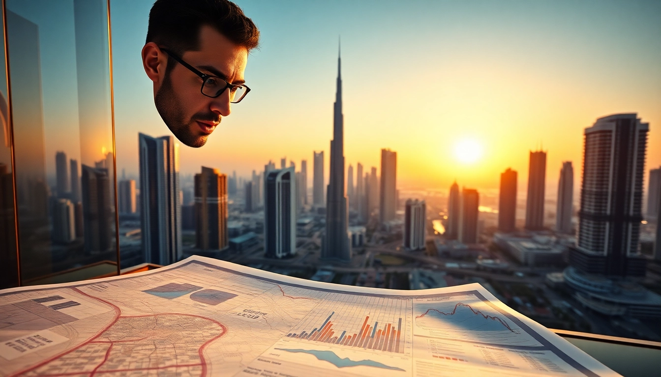 Analyze investment opportunities to Invest in Dubai Real Estate with a vibrant skyline backdrop.