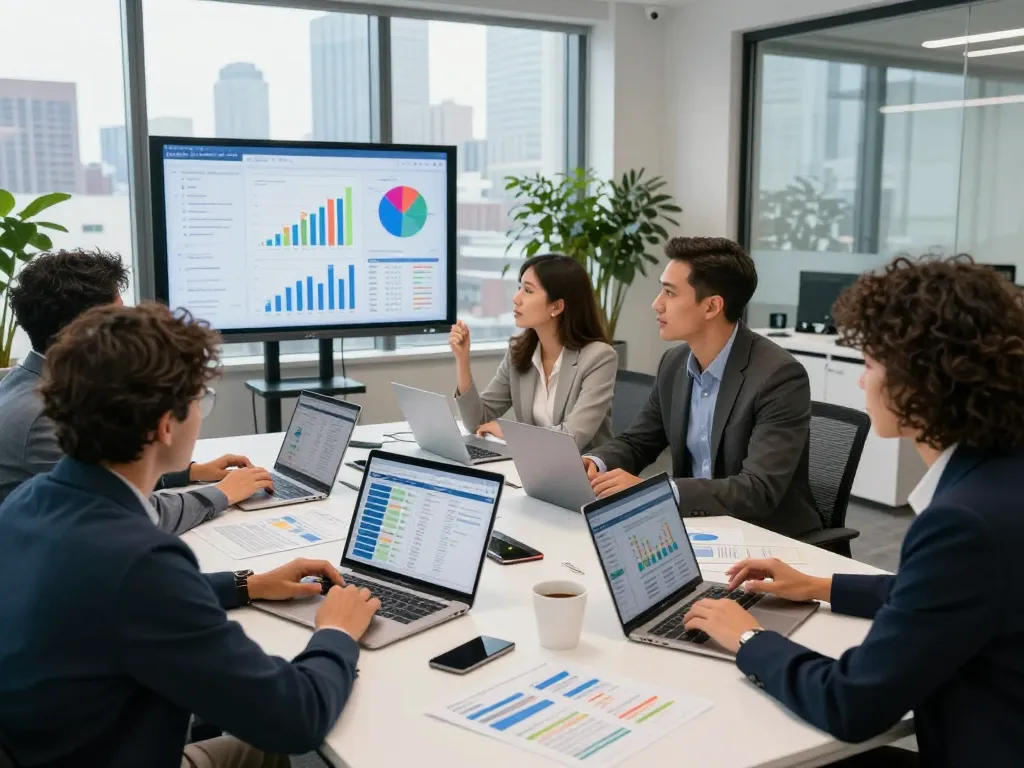 NYC SEO Company team collaborating in a modern office, analyzing SEO strategies and digital marketing data