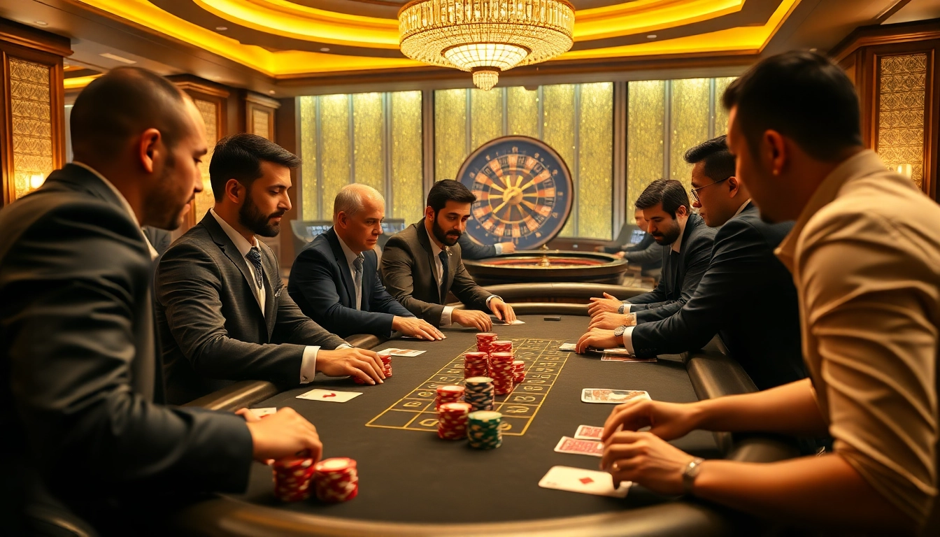 Engaged players strategizing in a thrilling game of IDN poker at a luxurious casino table.