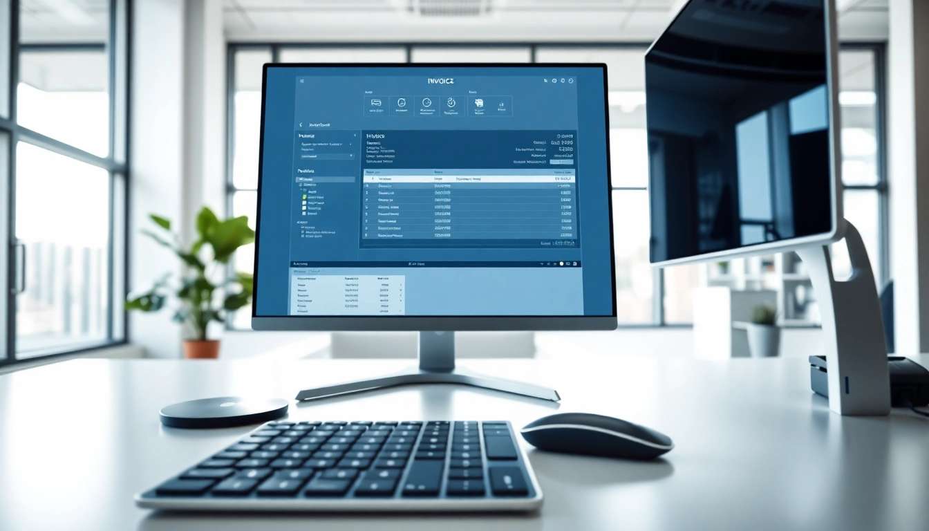 Showcase efficiency with invoice processing software displayed on a modern computer in a bright office setting.
