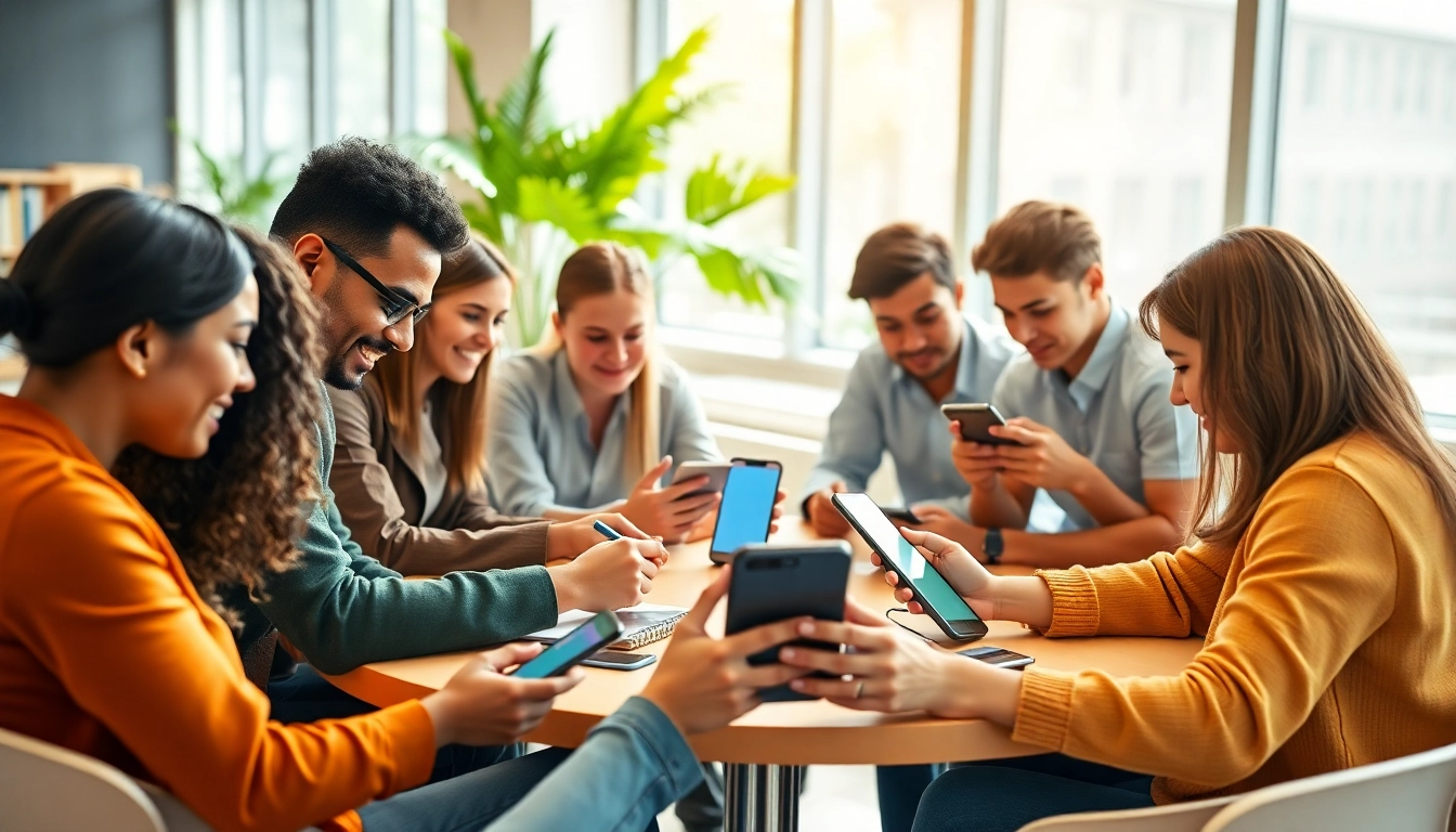 Engaged students using a smartphone solution in school life for collaborative learning in a bright classroom.