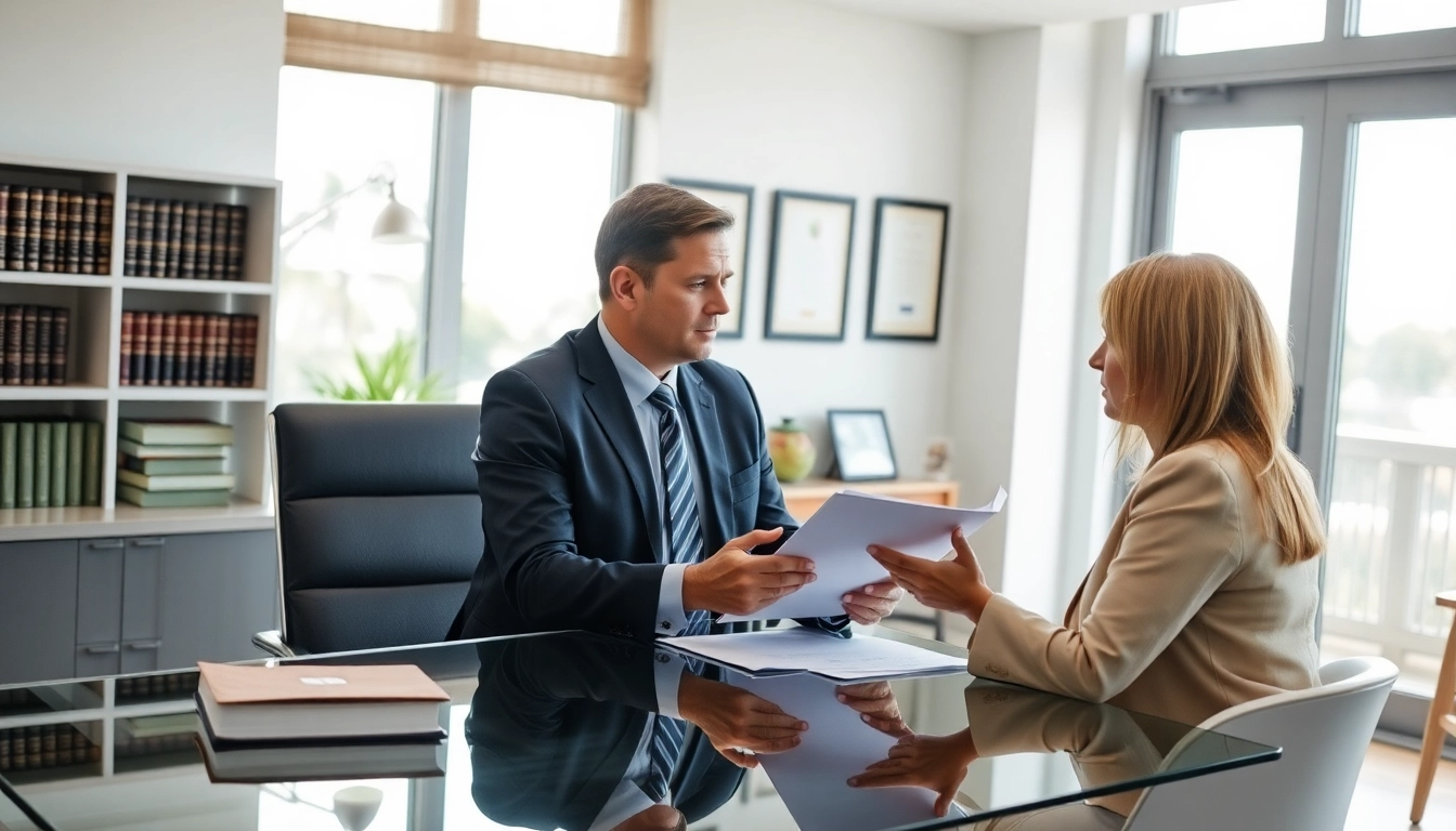 Sarasota personal injury lawyer guiding a client through a legal consultation at a modern office.