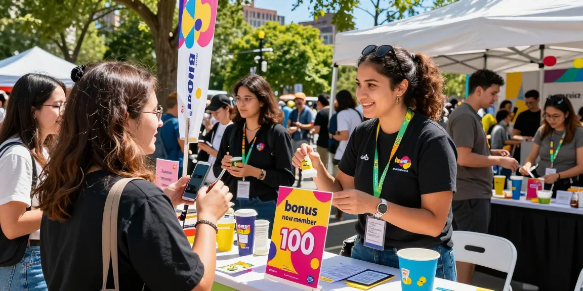 Bonus new member 100 promotional event with friendly staff engaging attendees in a vibrant outdoor setting.