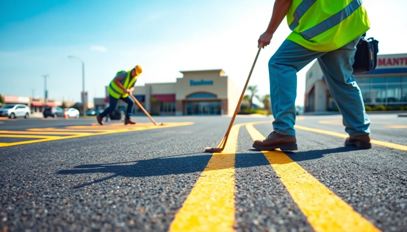 Parking lot striping Lakeland Drive Jackson MS technicians applying bright stripes.