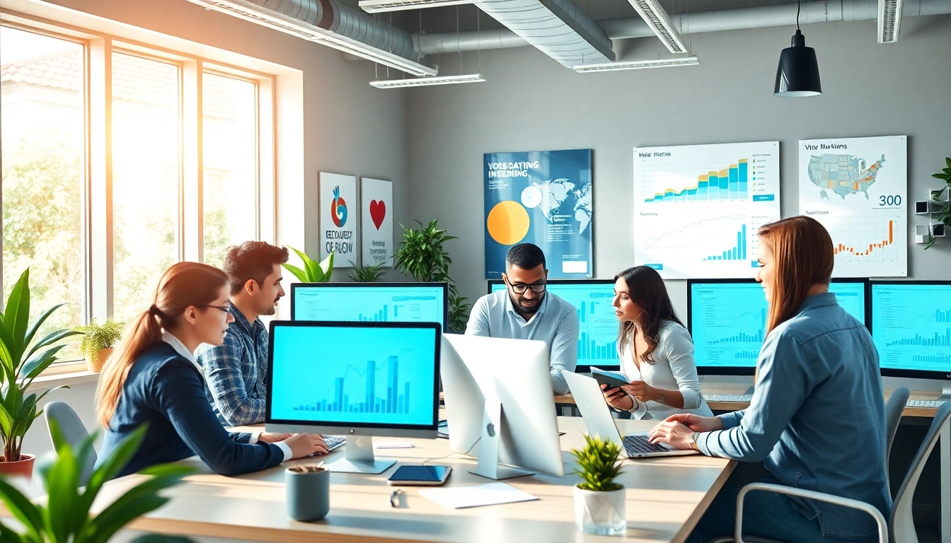 SEO company professionals brainstorming at a modern workspace with digital marketing tools.