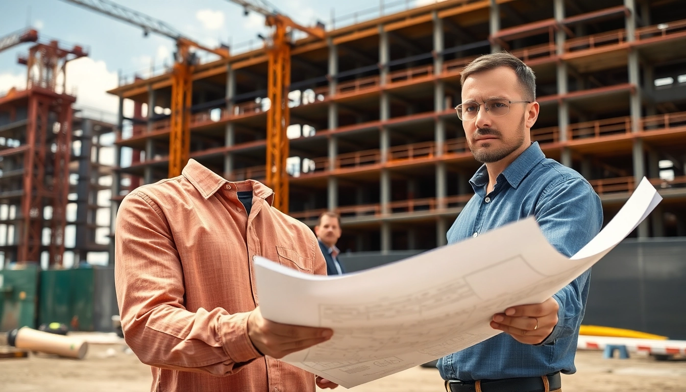 Engaged commercial building developer examining blueprints on a construction site.