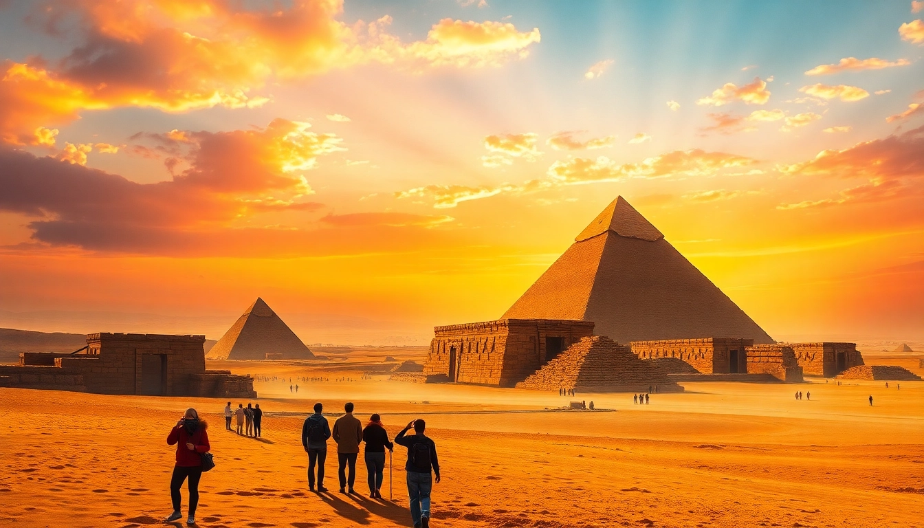 Visitors admiring the ancient piraminds, highlighting their beauty and grandeur in a stunning desert setting.