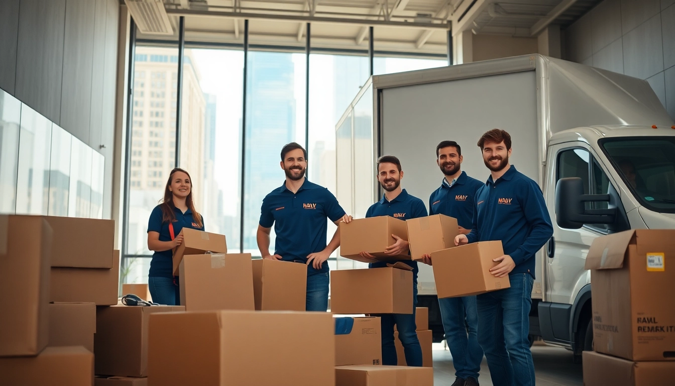 Efficient Toronto moving services team packing boxes in a bright urban setting.