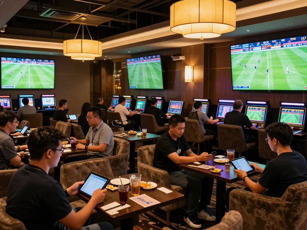 KQBD sports betting lounge showcasing live matches and bettors analyzing games, enhancing the excitement of wagering.
