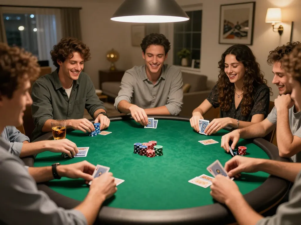 Friends playing poker at home with BK8-themed chips and cards, enjoying a cozy game night.