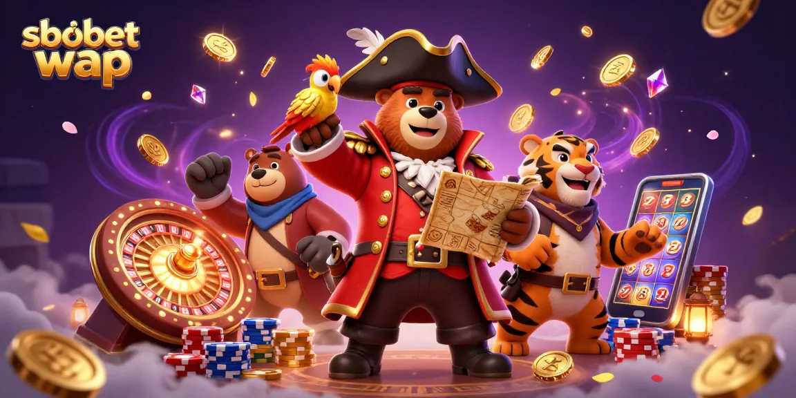 Engage with sbobet wap in a vibrant 3D illustration of a pirate bear and tiger amidst falling coins and sparkling gems.