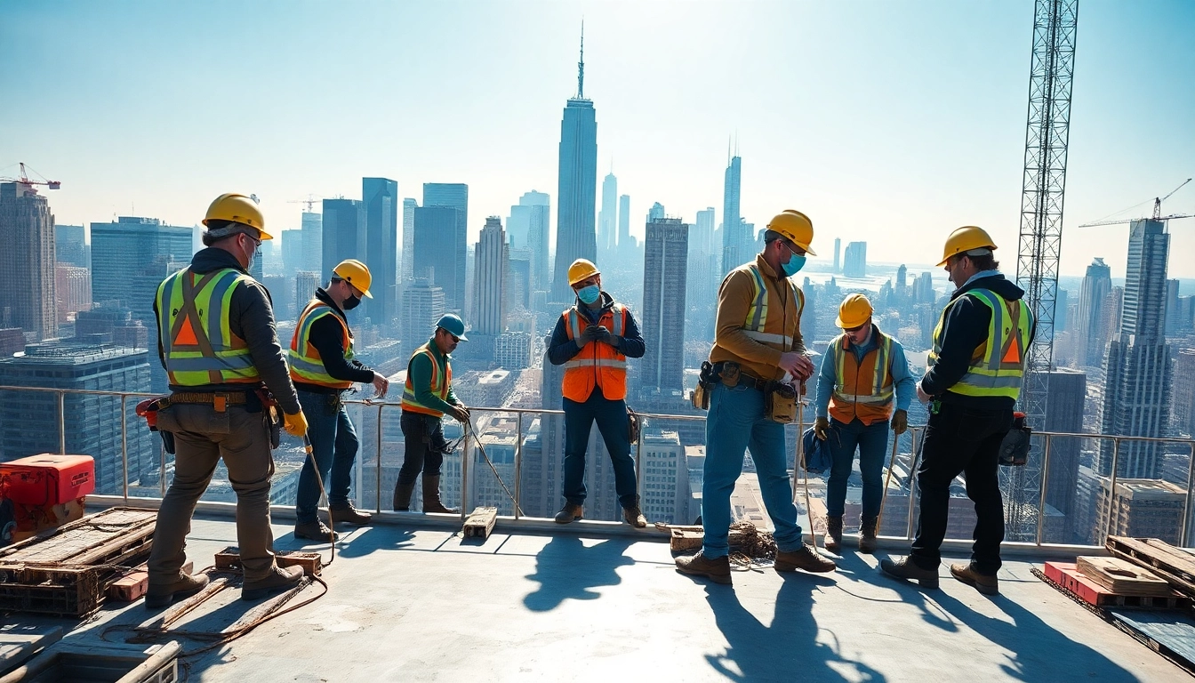 New York City Commercial General Contractor team collaborating on a construction project with safety gear.