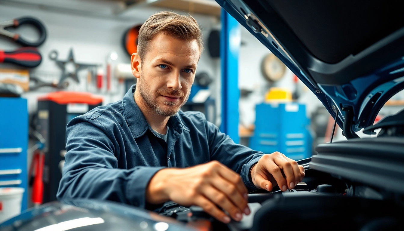 Find a dependable mechanic near me working on a vehicle in a professional auto repair shop.