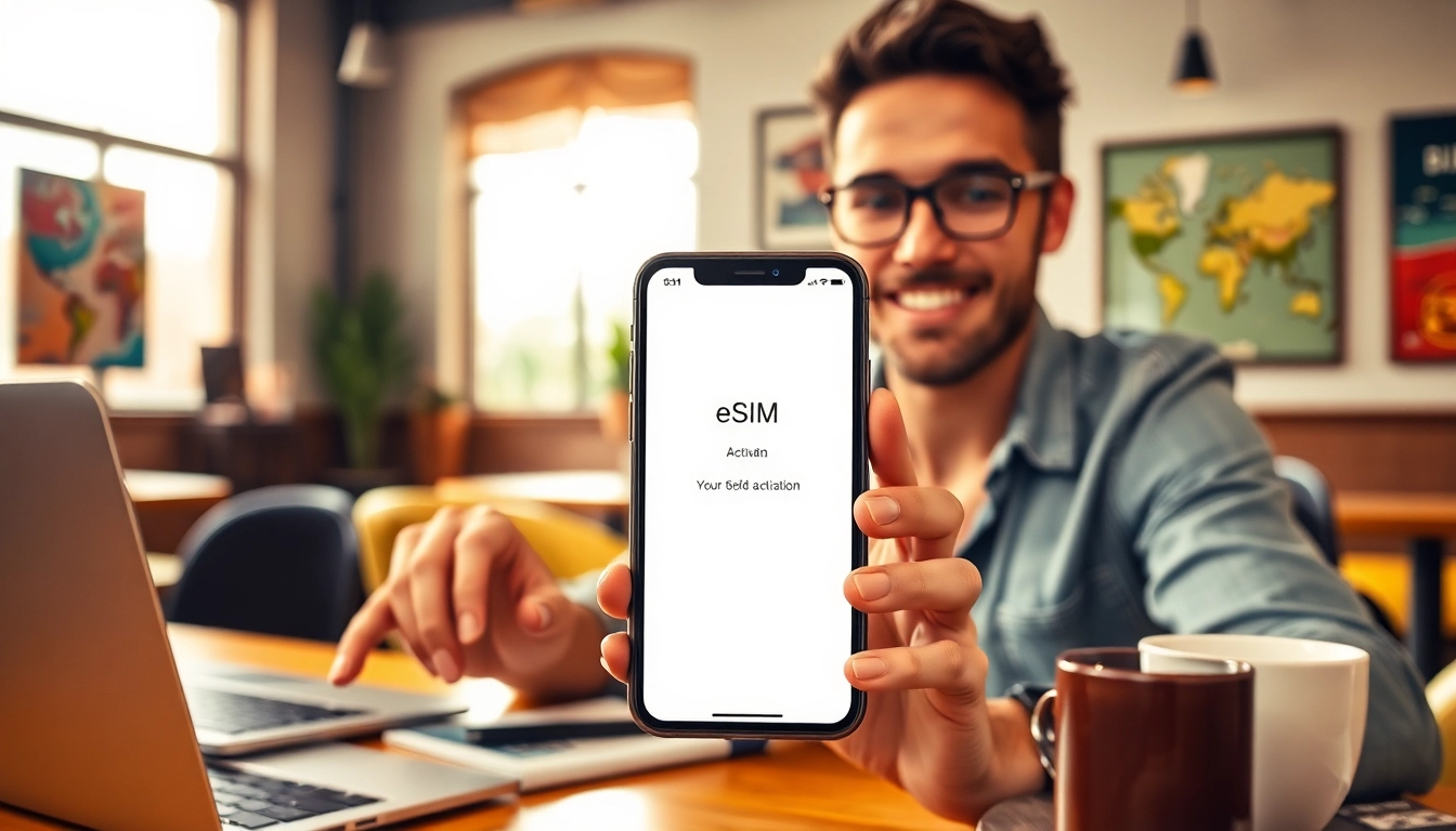 Activate eSIM seamlessly on https://esimfo.com with a user-focused smartphone setup in a café.