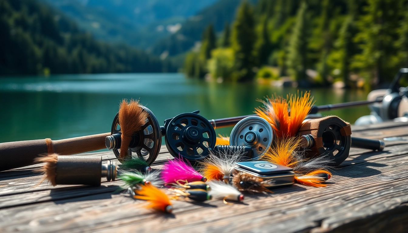 A fly fishing kit elegantly arranged on a wooden table, featuring colorful flies and a sleek reel.