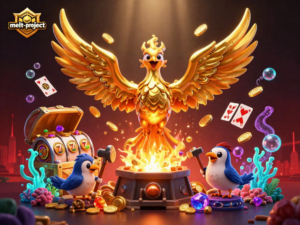 Experience dynamic gameplay at melt-project with a molten golden phoenix amidst casino symbols.