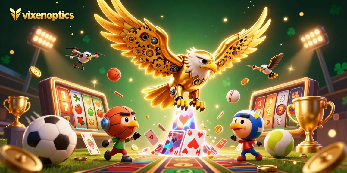 Experience exciting gameplay at vixenoptics with the golden eagle soaring through playing cards and sports elements.