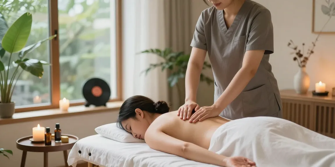 마사지 테라피스트가 고객에게 스웨디시 마사지를 제공하는 평온한 스파 장면