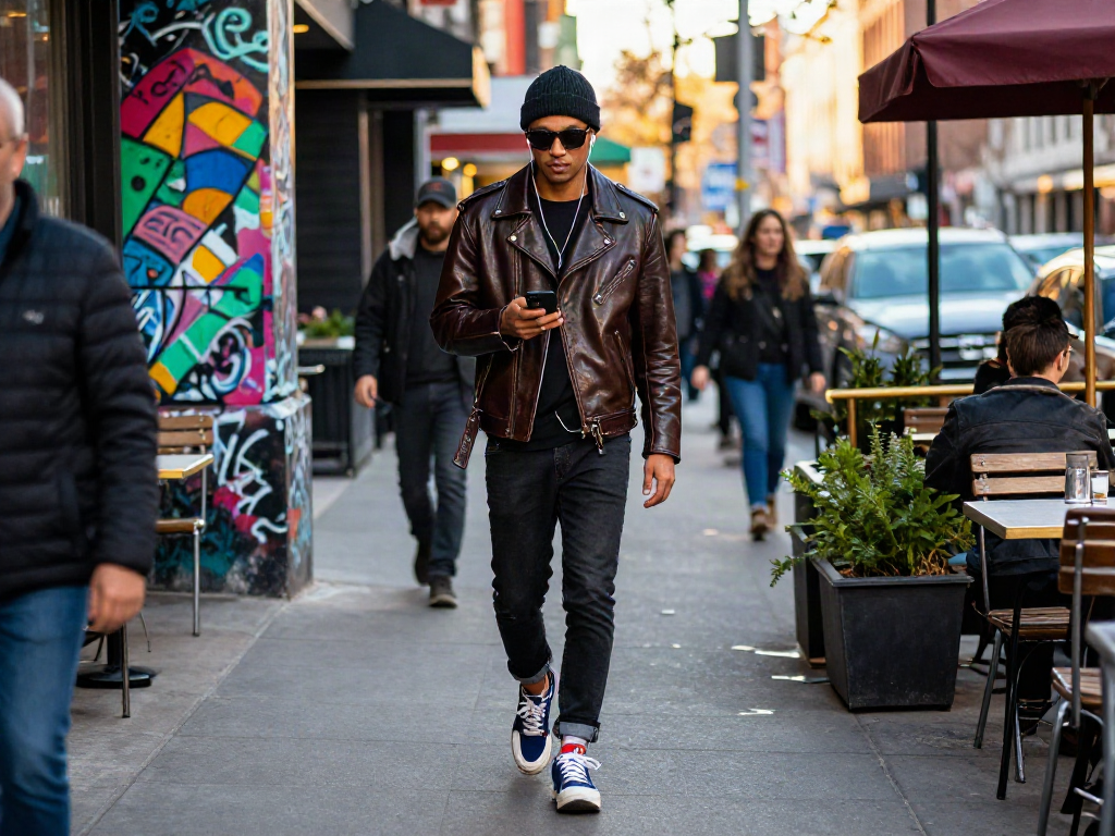 Stylish individual in a leather jacket walking confidently through a vibrant urban street.