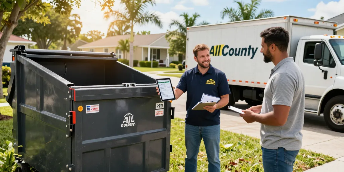 Professional dumpster rental in Punta Gorda FL with All County Dumpsters representative assisting a homeowner, showcasing various dumpster sizes in a sunny neighborhood.