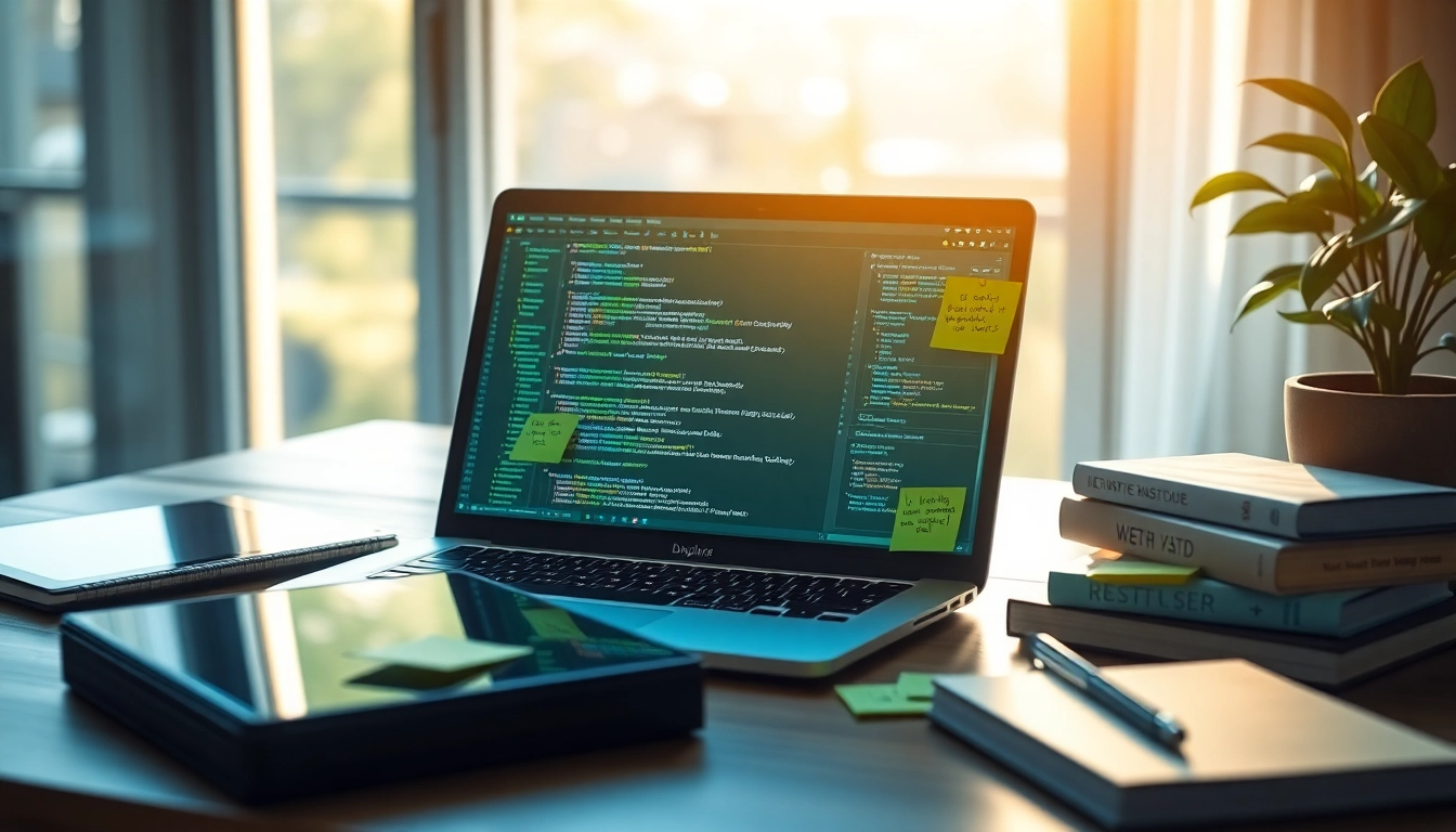 A professional workspace focused on web scrapping technology, featuring a laptop with data dashboards and coding.