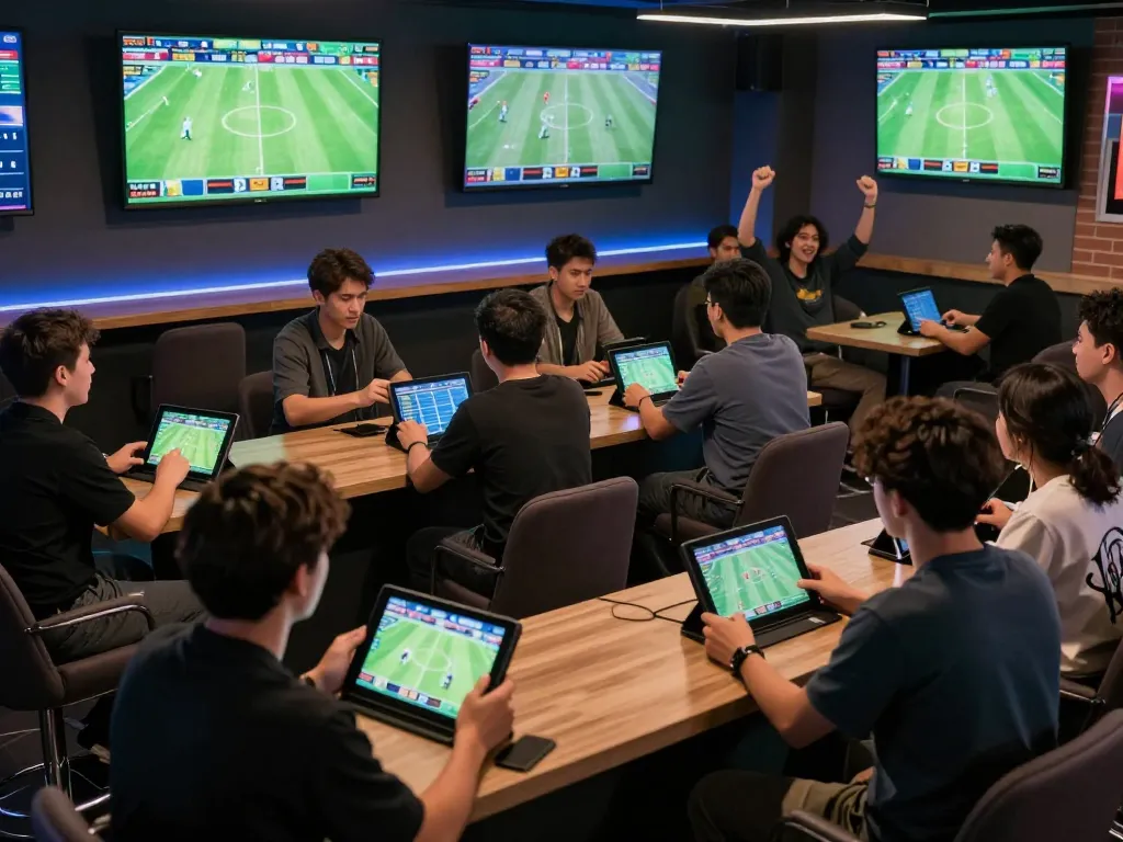 Engaged bettors analyzing tỷ lệ bóng đá nhà cái while watching live sports broadcasts in a lively betting lounge.