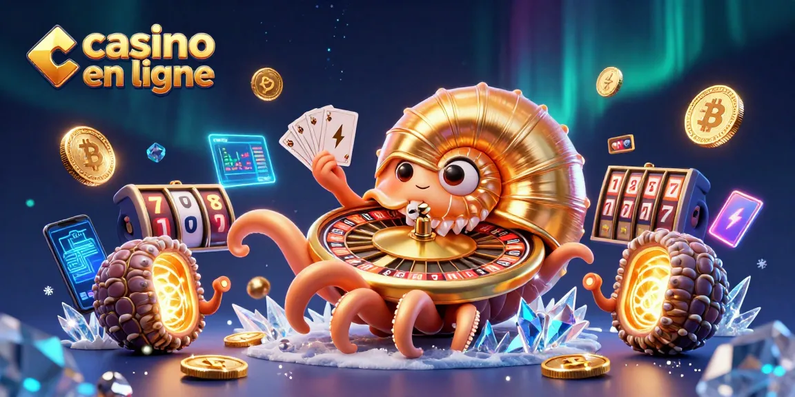 Profitez de l'excitation d'un casino en ligne avec un nautilus géant et éléments de crypto-monnaie lumineux.