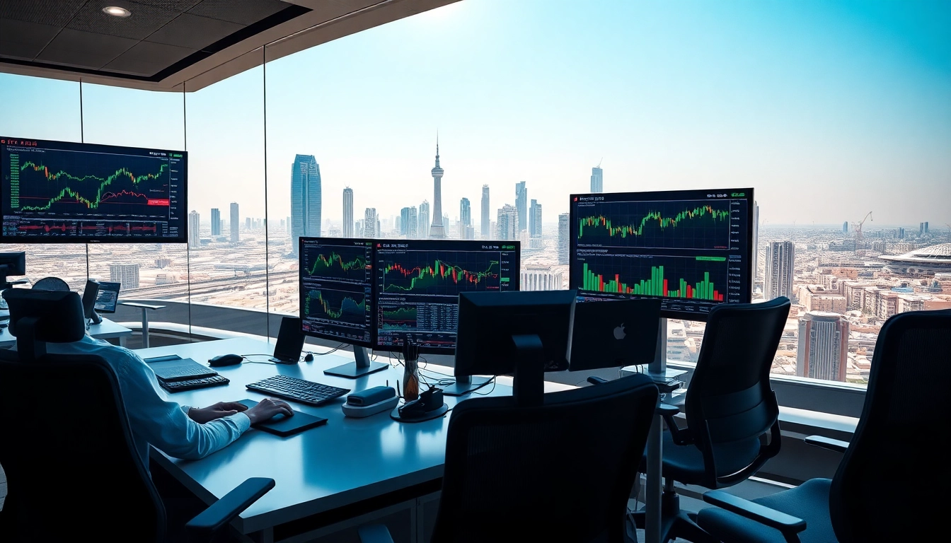 تداول الأسهم في الوقت الفعلي في المملكة العربية السعودية في بيئة تجارية نشيطة مع شاشات عرض البيانات.