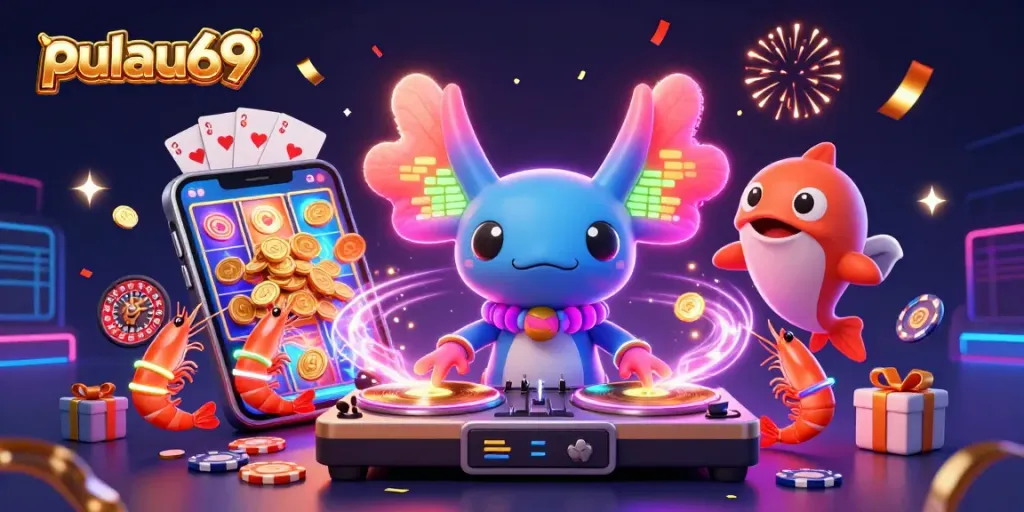 Experience thrilling gaming at pulau69 with vibrant axolotl DJ and animated casino fun!