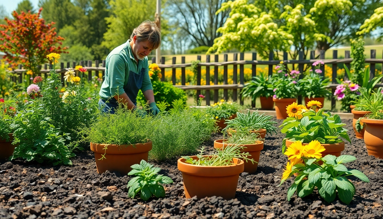 Engaging gardener nurturing plants in a vibrant Gardening scene with bright colors.