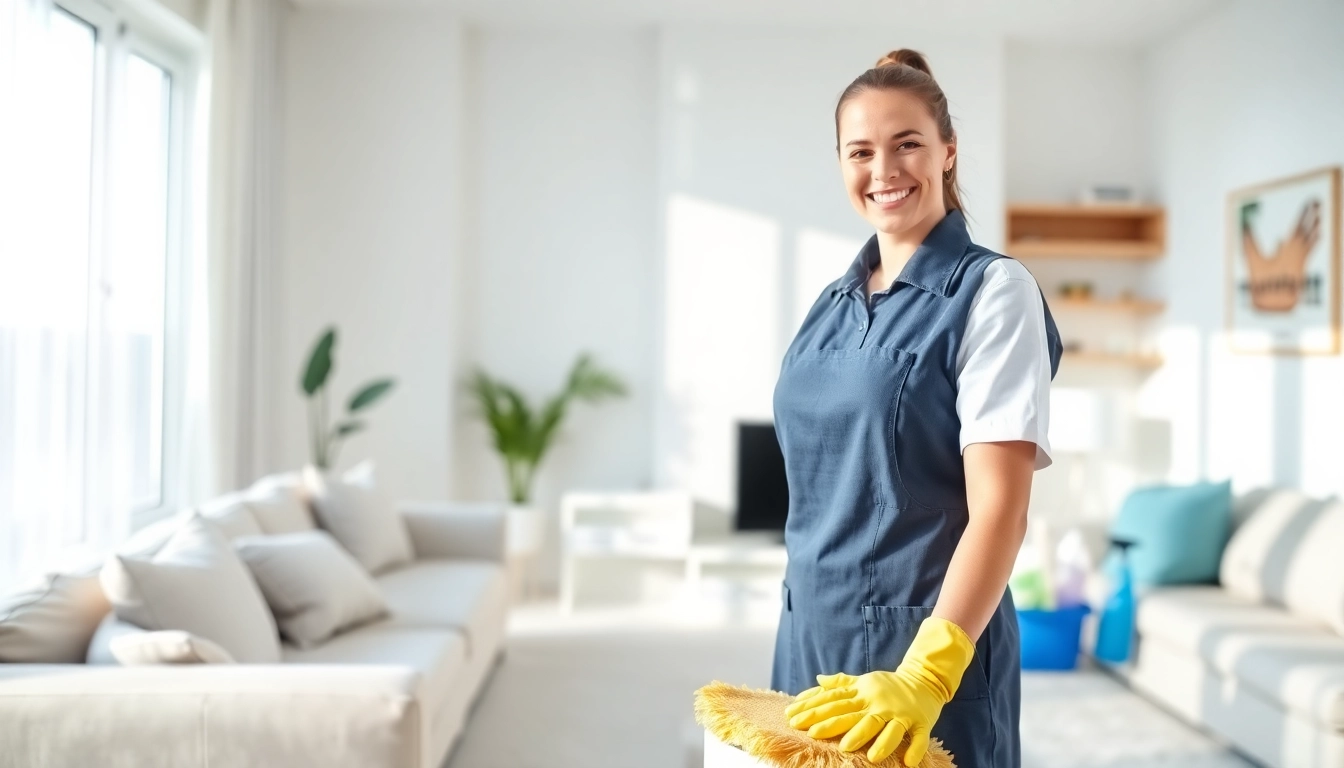 Thorough cleaning service in action showcasing a sparkling clean living space and a professional cleaner.