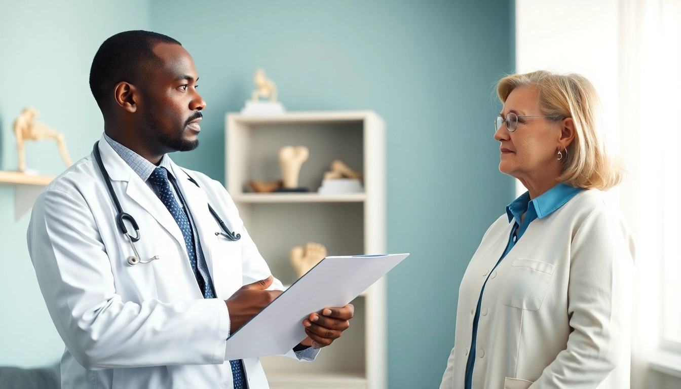 AICA Orthopedics consultation scene showcasing a confident doctor aiding a patient.