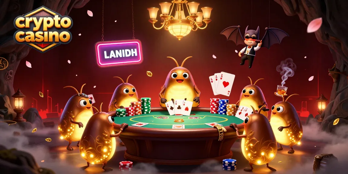 Jouez dans un crypto casino lumineux, entouré de vers luisants et de jeux de cartes.