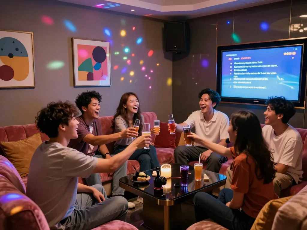 활기찬 개인 방에서 서구청쓰리노 노래방 경험을 즐기는 그룹.